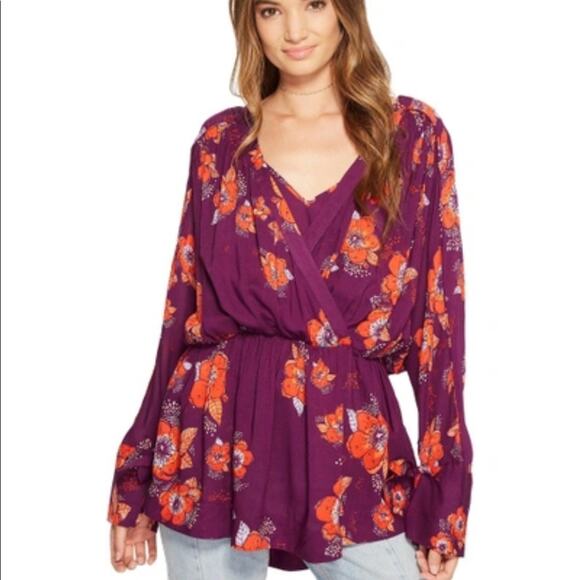 Free People Tops - Free People Tuscan Dreams Floral Print Tie Sleeve Tunic Plum Orange XS